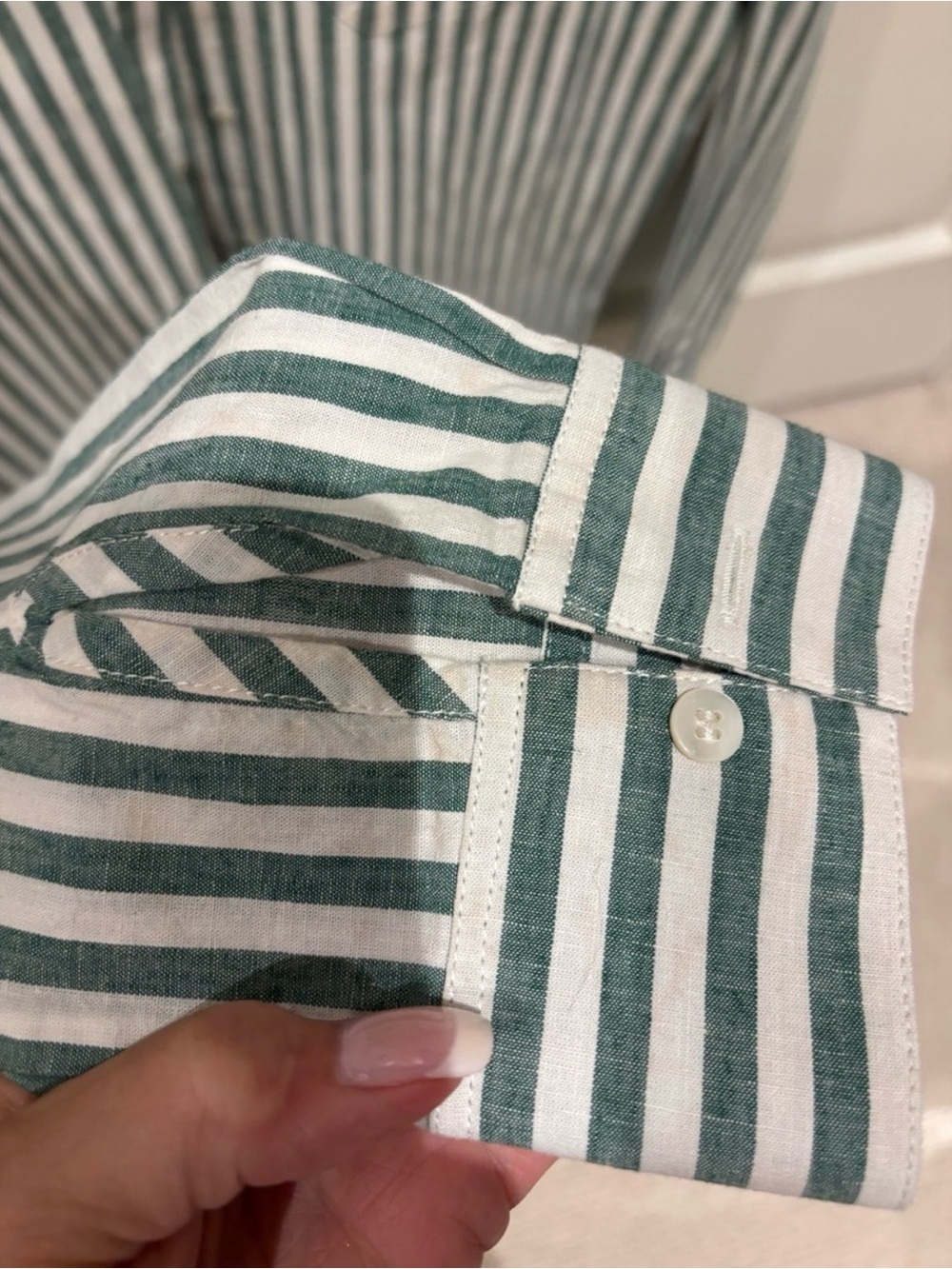 Sezane Tomboy Green and White Vertical Stripe Button-Down Shirt - Picture 5 of 7